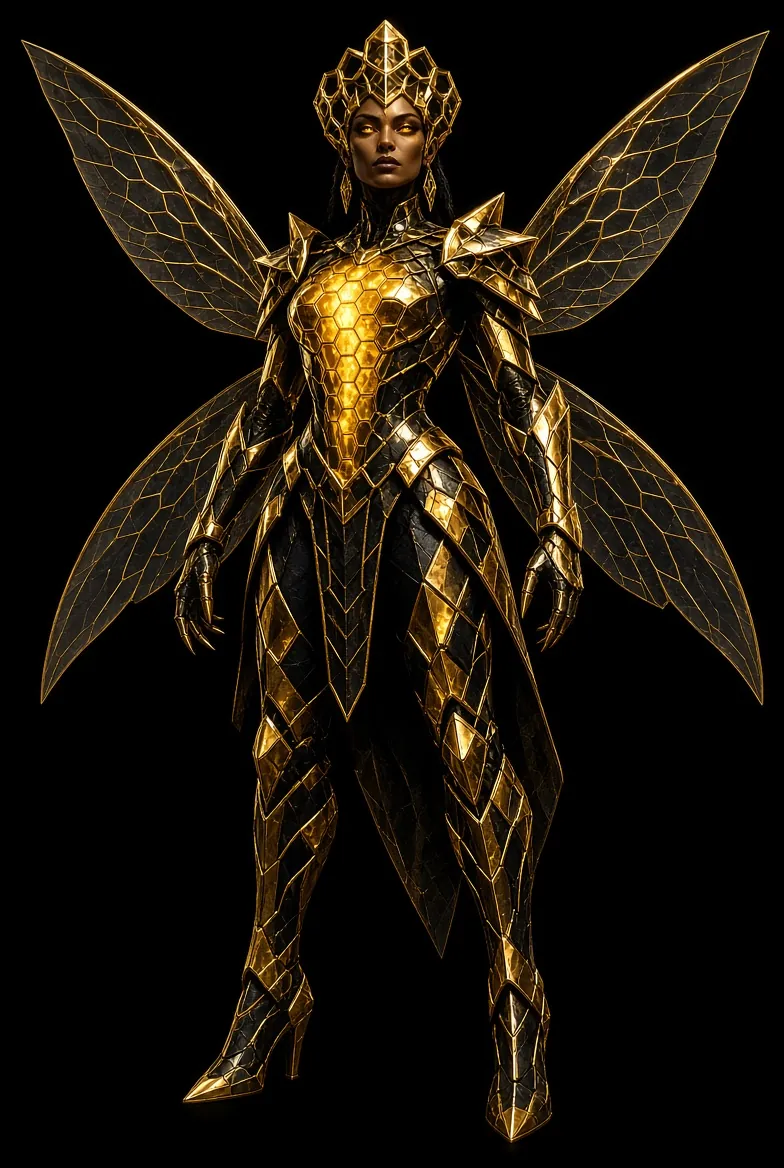 Illustration: AgentHive Inc queen in gold honeycomb armor